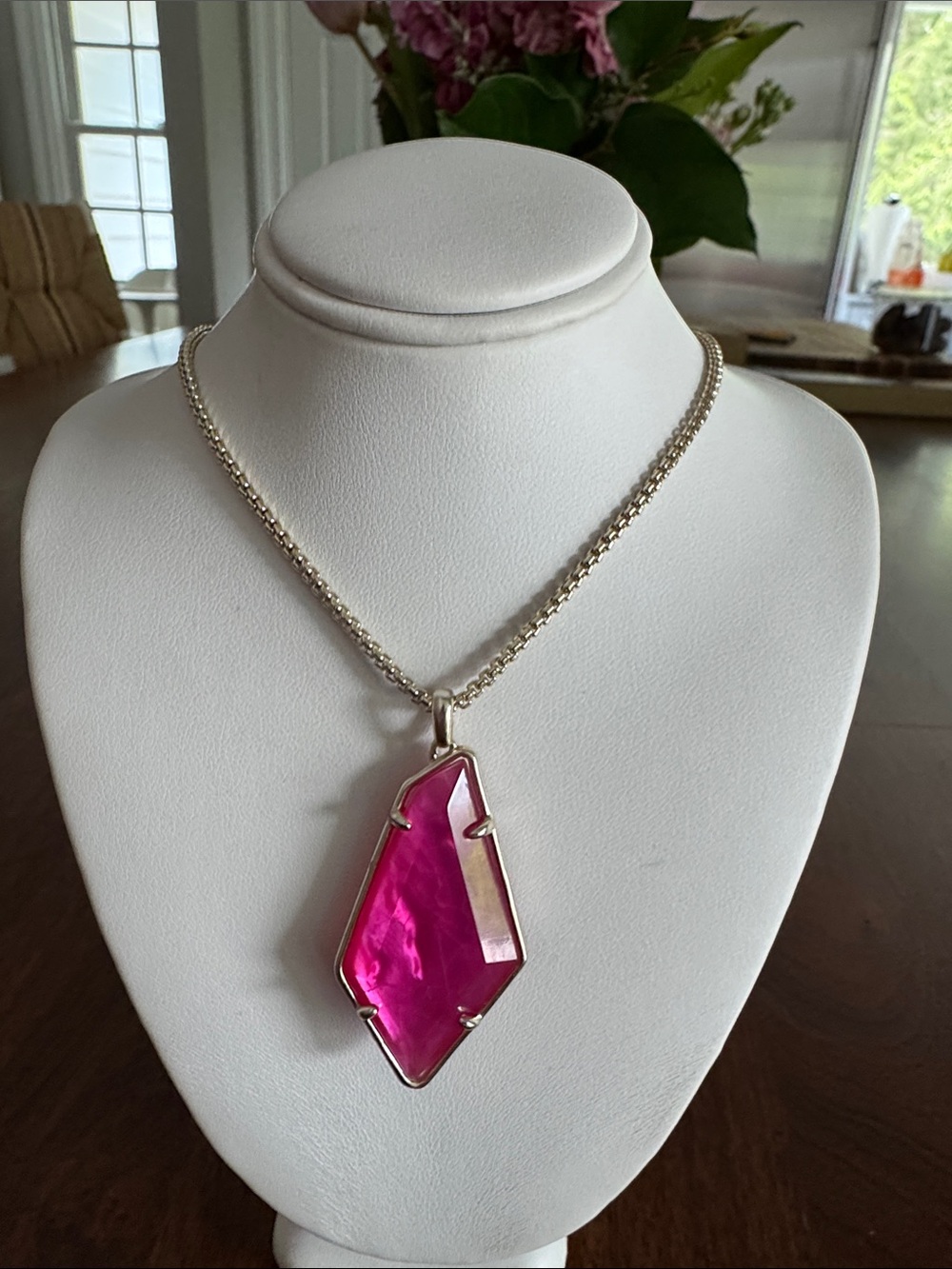 Kendra Scott gold Necklace with Fuchsia Faceted Geometric Pendant